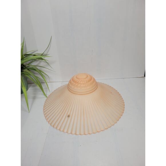 Vintage Ceiling Light Fixture, Pink Salmon Round Scalloped Shell Globe 3 Chain - Picture 1 of 3
